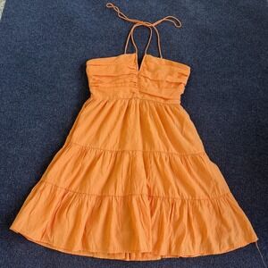 Day + Moon Dress Womens Small Orange Halter Ruched Tiered Ruffle Sundress
